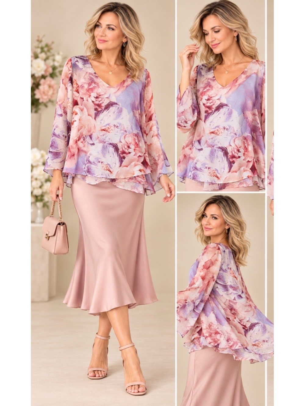 Jennifer Lopez Floral Blouse Women’s XL Pink Purple Bell Sleeve V-Neck
